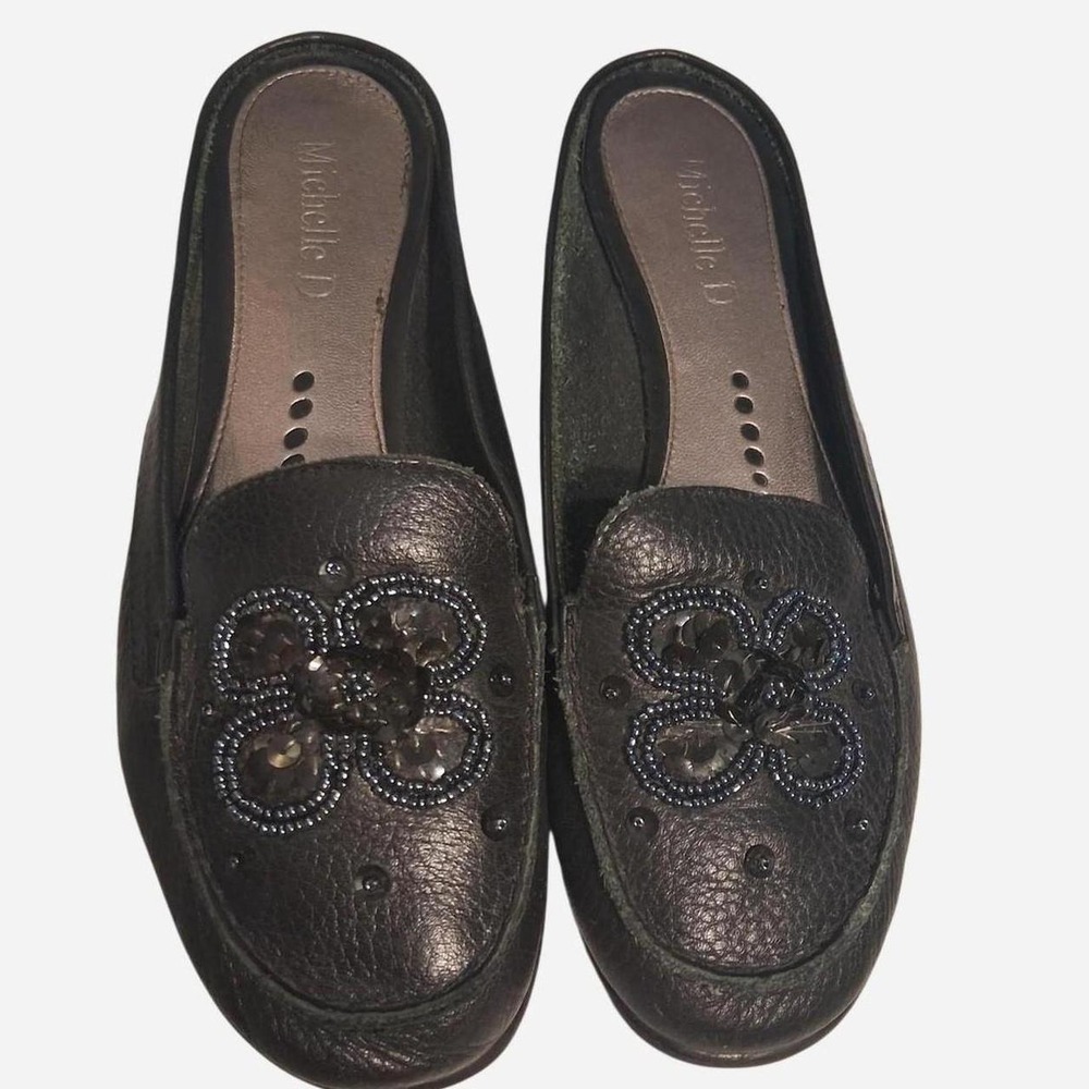 Womens Vintage 90s black leather loafers with beaded sequin floral embellishment